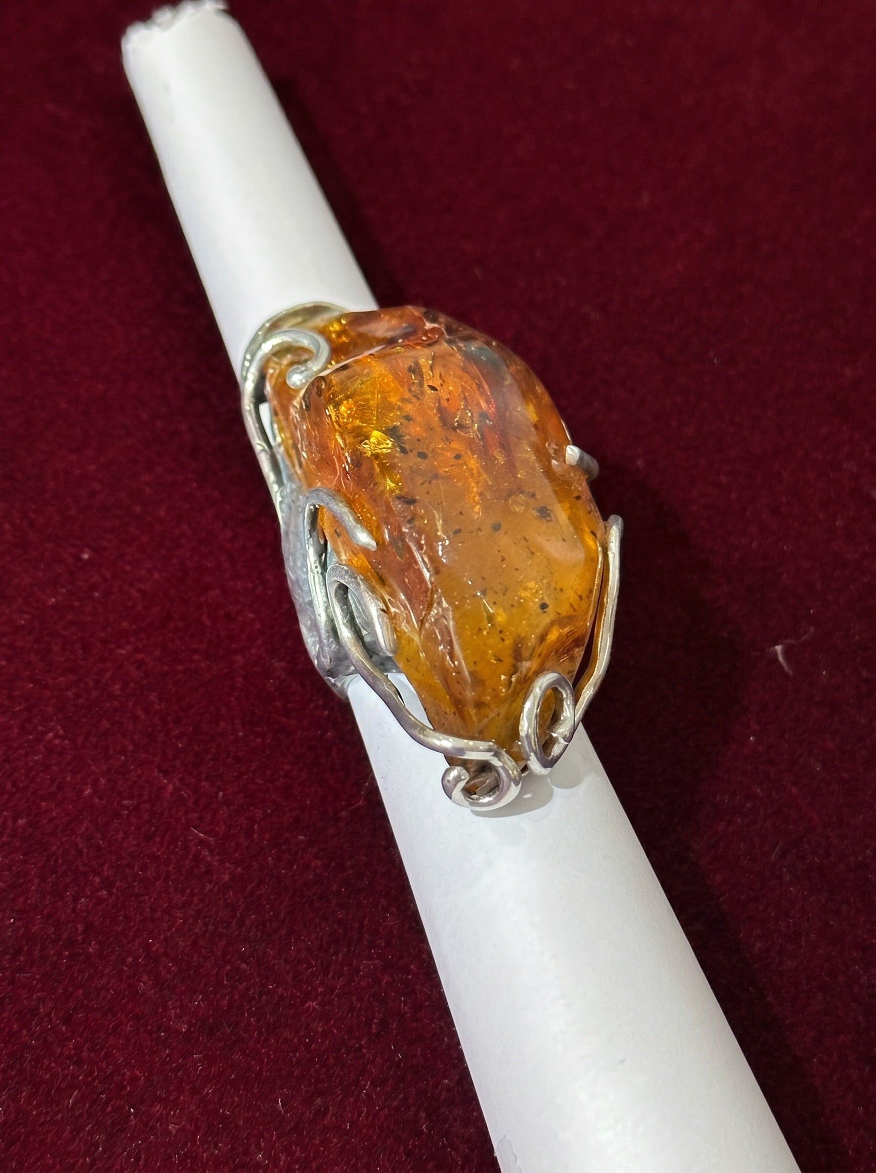 silver ring, amber sone