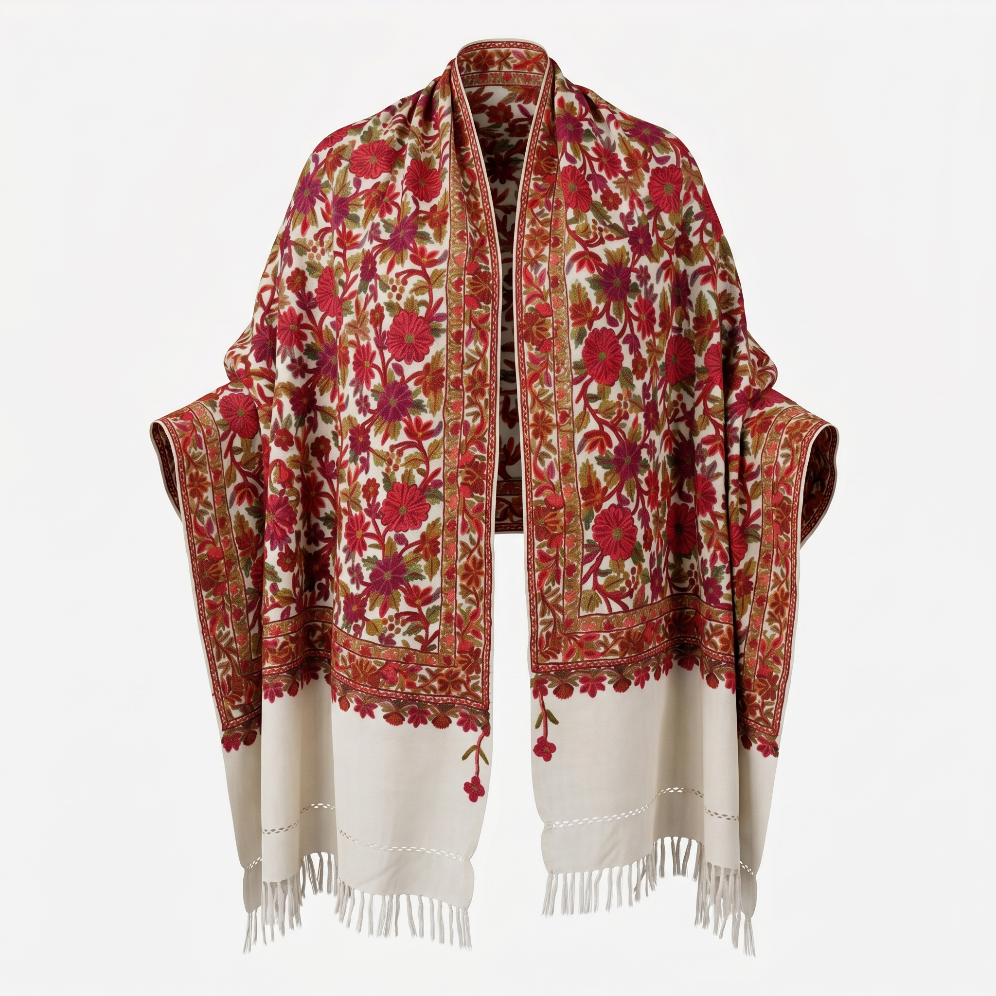 Hand-embroidered floral shawl, one of one